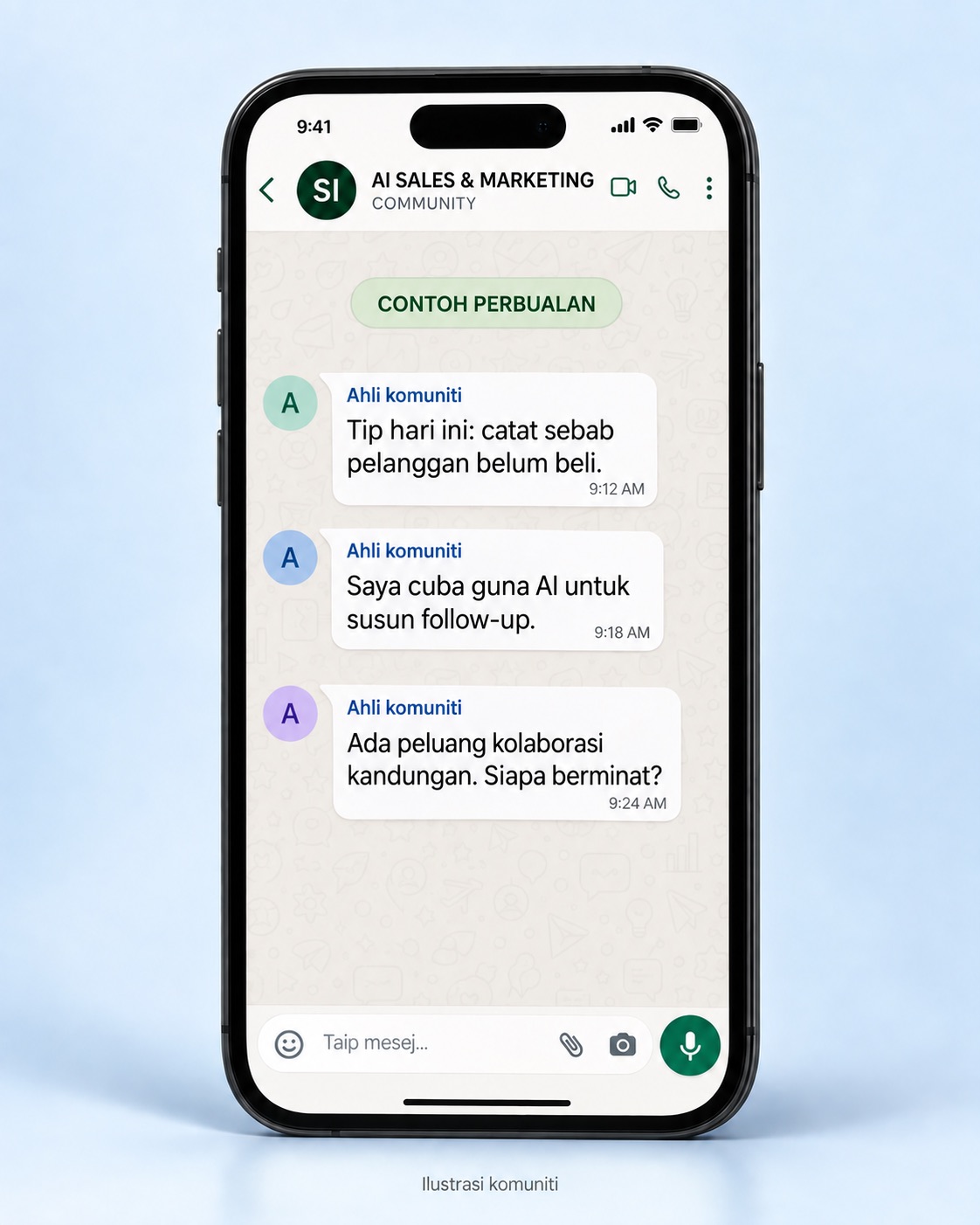 Ilustrasi telefon dengan contoh perbualan komuniti WhatsApp tentang jualan